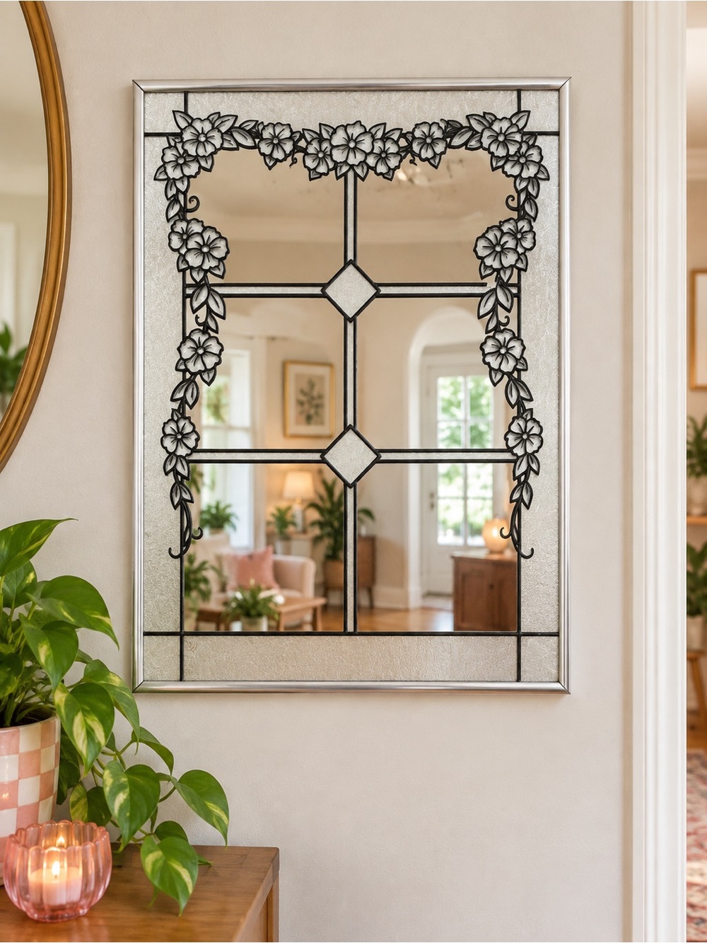 Vintage MCM Windsor Art  Silver Framed Wall Mirror Floral Scrolls Stained Glass